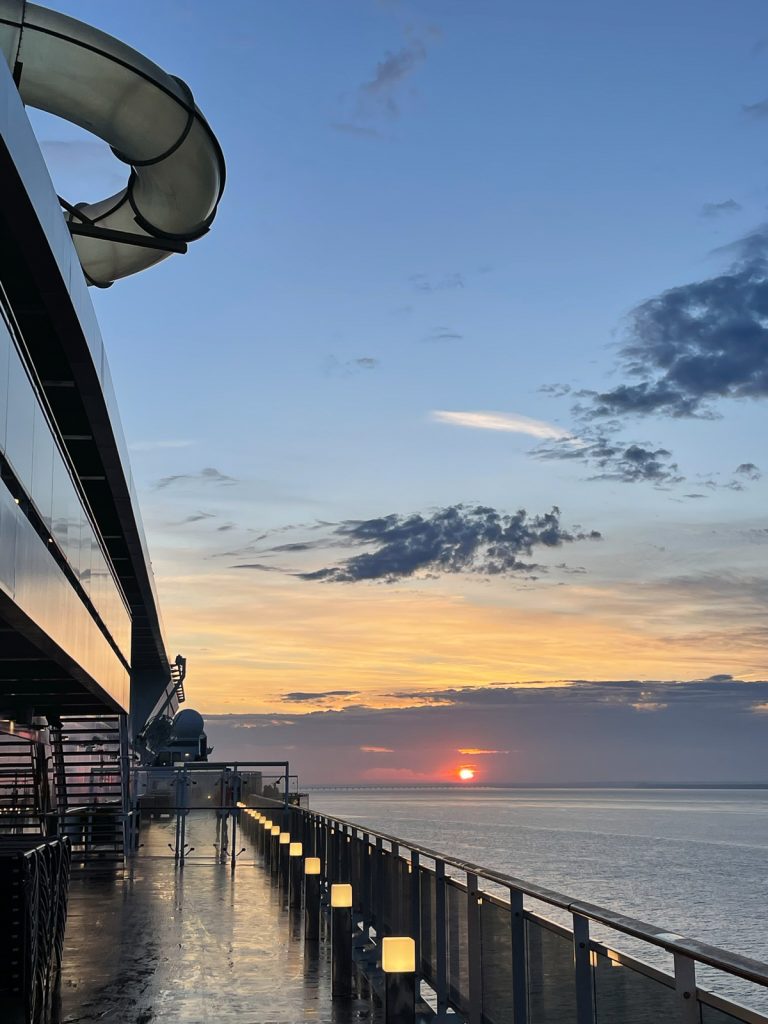 I love to cruise and take walks around the deck at sunrise.