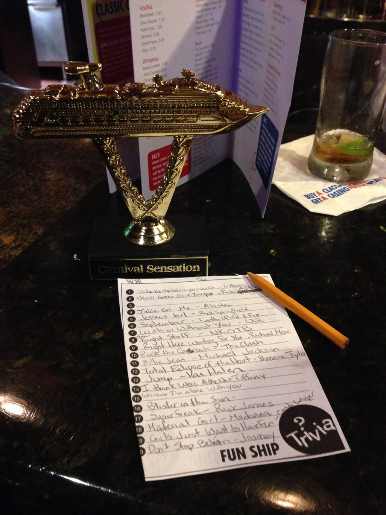 80s Music Trivia sheet and trophy of the Carnival Sensation