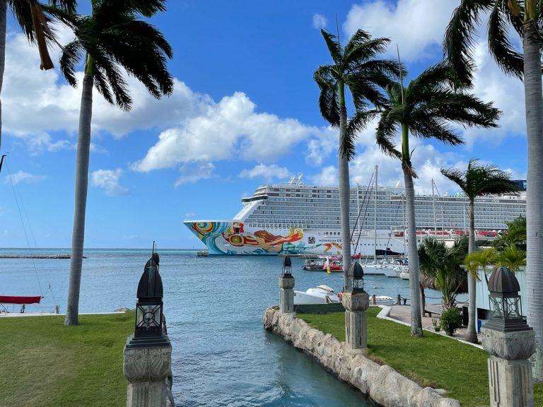 The Norwegian Getaway cruise ship, featuring colorful hull artwork, docked in the tropical harbor of Oranjestad, Aruba, framed by tall palm trees and stone pillars on a sunny day.