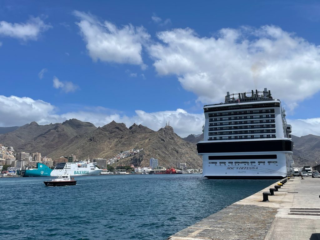 Aft view of MSC Virtuosa in port.