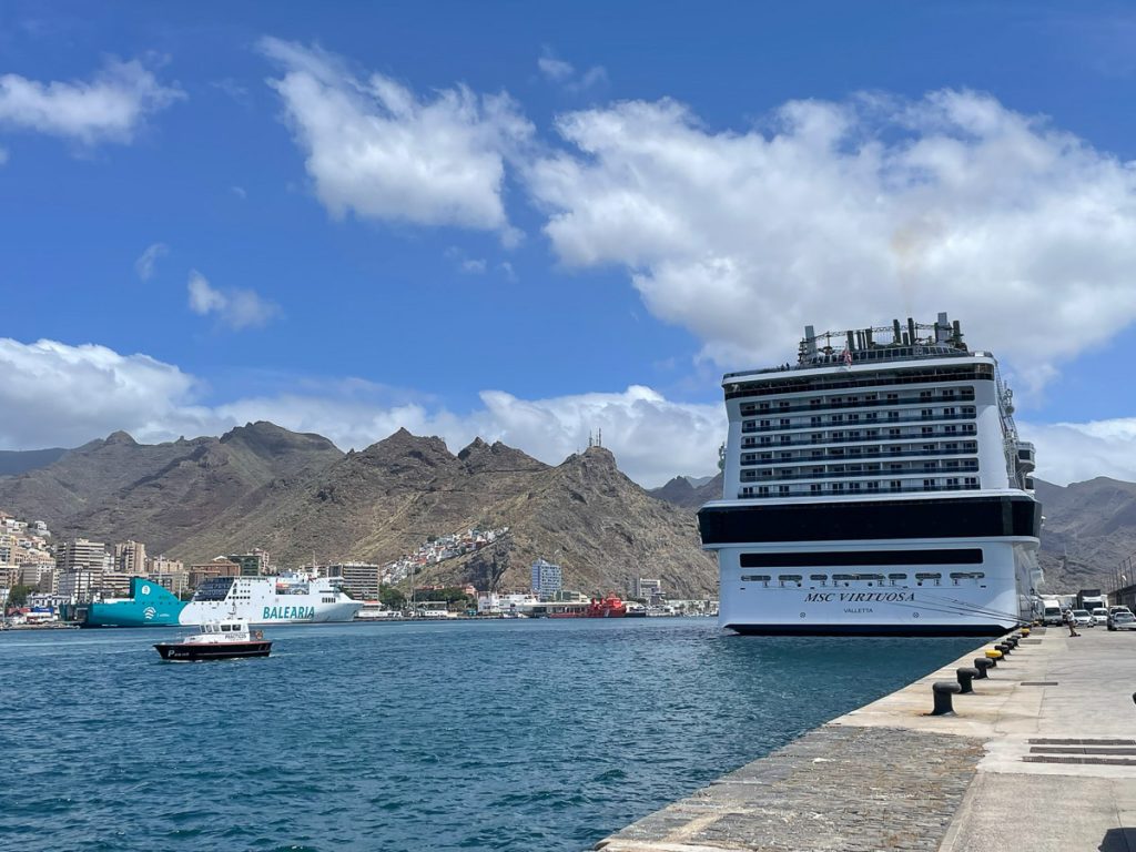 Aft view of MSC Virtuosa in port.