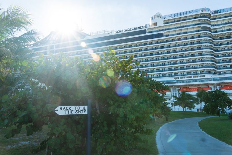 Directional sign reading Back to the Ship with the MSC Seashore cruise ship docked in the background on a sunny day